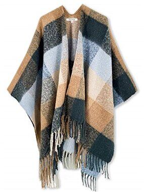 Womens Plaid Shawl Wrap Open Front Poncho Cape Fall Winter Tassel